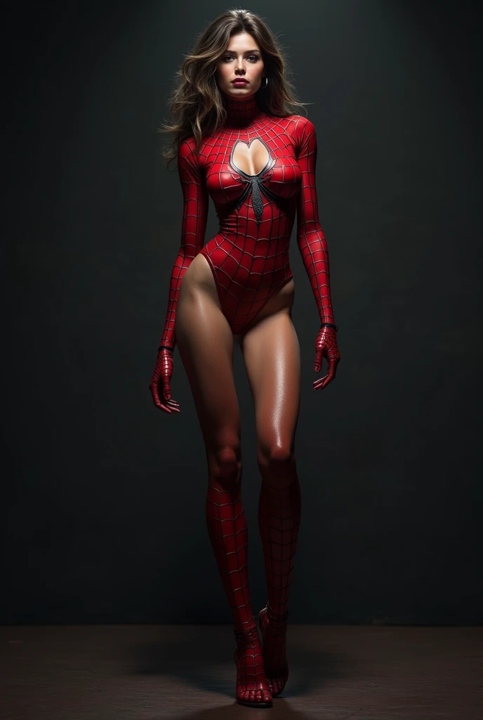 (1girl:1.3), Solo, (((Very detailed face)))), ((Very detailed eyes and face)))), Beautiful detail eyes, Body parts__, Official art, Unified 8k wallpaper, Super detailed, beautiful and beautiful, beautiful, masterpiece, best quality, original, masterpiece, super fine photo, best quality, super high resolution, realistic realism, sunlight, full body portrait, amazing beauty, dynamic pose, delicate face, vibrant eyes, (from the front), She wears Spider-Man suit, red and black color scheme, spider, very detailed city roof background, rooftop, overlooking the city, detailed face, detailed complex busy background, messy, gorgeous, milky white, highly detailed skin, realistic skin details, visible pores, clear focus, volumetric fog, 8k uhd, DSLR, high quality, film grain, fair skin, photo realism, lomography, futuristic dystopian megalopolis, translucent