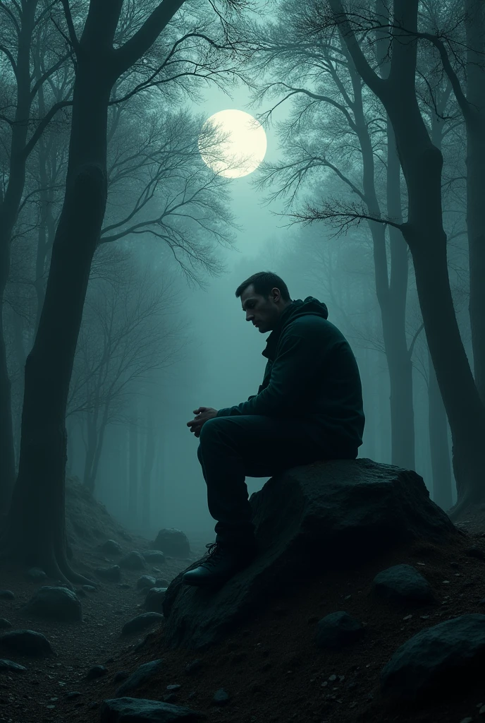 An image of a sad man in a forest, that can only be seen at night and its shadow of the man sitting on a rock
