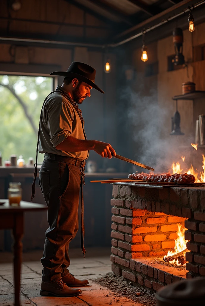 A gaucho with bombacha, preparing a good barbecue on a brick barbecue in a building.
