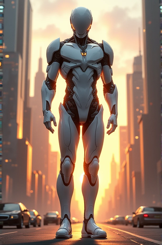Fire man in white glossy cyborg costume standing between sky scrapers at sunset 