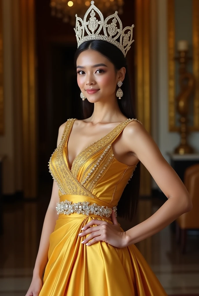 Create a shoot of Miss Grand Indonesia with her crown in gold gown