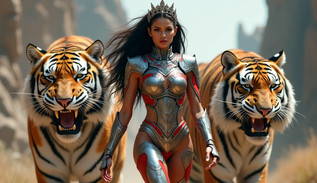 A is portrayed as an impressive and powerful figure with a strong, confident presence. She is dressed in a, cybernetic suit that highlights your shape. His outfit is a mix of armor and elegant design., with red and silver tones that highlight your physique. The outfit includes intricate details, such as metallic components and shiny elements, giving him a, warrior appearance. Three Giant Saber-Toothed Wild Tigers
Her long, dark hair flows behind her, and she has a focus, determined expression on his face. The girl also wears a crown or tiara, which contributes to its real and menacing appearance. She seems to be walking with purpose, and behind her is a big, fierce looking tiger, which further emphasizes its powerful and protective nature. The overall scene suggests that she is a guardian or warrior., possibly in a science fiction or fantasy setting, and the tiger appears to be his companion or protector. Three Giant Saber-Toothed Wild Tigers