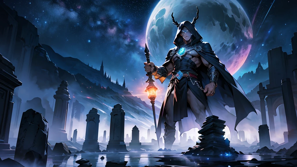 A majestic and powerful Titan, cloaked in dark and mystical robes, stands at the edge of an ancient stone temple surrounded by swirling mists. The Titan has glowing eyes filled with ancient wisdom, holding a staff adorned with a glowing crystal that emanates an eerie light. The background shows the stars of a mysterious night sky with faint symbols and constellations. The Titan’s face is stern, with a chiseled jaw and an aura of immense knowledge and power. The entire scene feels both ancient and otherworldly, capturing the essence of a being that commands the mysteries of the universe