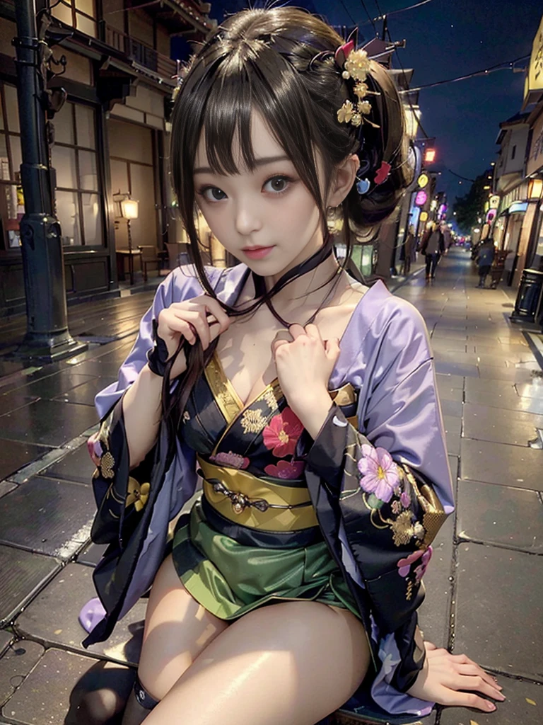 (Full body image:1.2)、(Side view:1.2)、(beautiful lips, Cheeks and skin:1.4)、(beautiful:1.4)、(Smiling with teeth showing:1.3),(Shibuya Gal:1.5)、(Gothic atmosphere:1.5)、(Moss green, black, Purple red, and、A prostitute wearing a yellow miniskirt kimono revealing her chest:1.5)、(Delicate depiction:1.4)、(Luxury hair accessories/hairpin:1.5)、(Short kimono:1.4)、(Make-up like a maiko:1.5)、(Captivating woman:1.3)、(Dense kimono:1.4)、(Wearing flashy knee socks:1.2)、(The underwear has an embroidered pattern:1.4)、30 years old、(Dance vigorously:1.3)、((Highest quality、8k、masterpiece:1.3))、1 female、スリムでbeautiful腹筋:1.3、(Hairstyle Casual、beautiful boobs:1.1)、dress:1.1、Super small face、Narrow eyes、double eyelid、A sloppy smile、Full Body Evian、Dynamic Angle、close、CPL Filter、Blurred Background、Bokeh、Blue Hour、Detailed face and skin texture、Detailed eyes、double eyelid,(Twin tails:1.3)、(Brownish golden hair:1.3)、Idol Sculpture、(The background is a gorgeous Meiji-era streetscape.:1.3)、(Slim body:1.2),(Thin thighs:1.5),(clavicle:1.1)