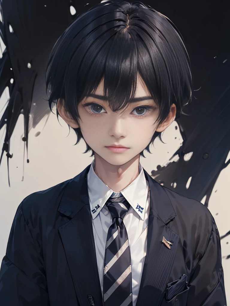 Masterpiece,best quality,独奏, 1 Japanese boy, 20 years old,(tall and thin,sleepy droopy eyes, long face, (thin cheeks:1.2),(black shaggy short hair:1.4),(Black tailored jacket, white shirt, navy blue striped tie:1.3),(Close-up of serious face:1.3),(Background is a university campus:1.5),looking at the camera