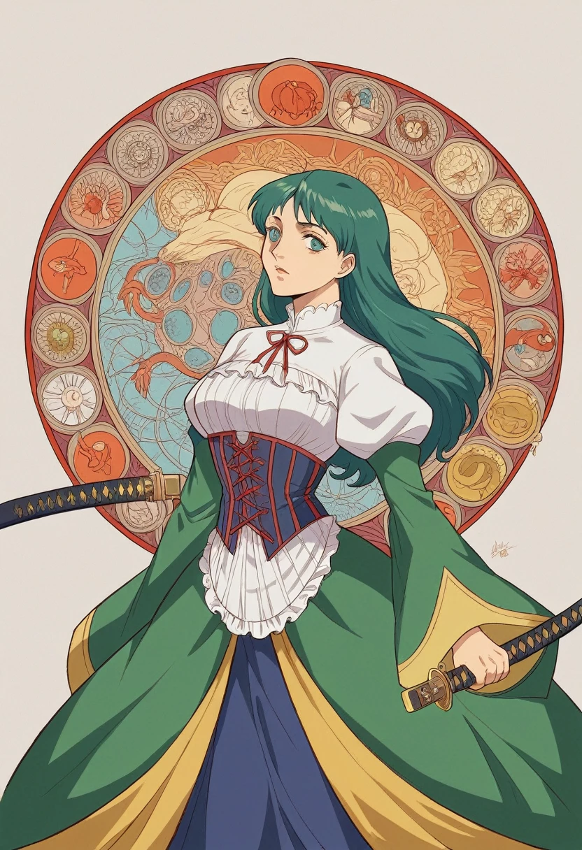une illustration style anime d'une femme brune au cheveux longs et épais volant au vent aux yeux verts émeraude portant un corset rouge et un soutien-gorge bleu, tenant un katana regardant le spectateur avec une expression sérieuse. Style Art Nouveau, style Alphonse Mucha, style studio Ghibli. Eclairage doux, chaud. Couleurs pastels.