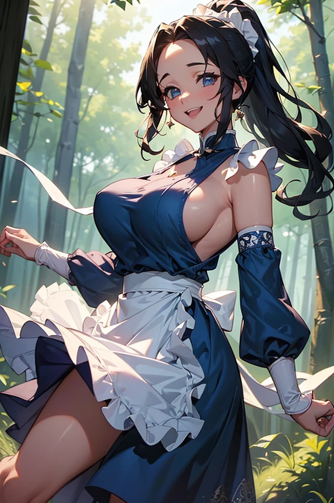 ((((High resolution, Intricate details, masterpiece, 8k, from front)))), (((beautiful, Blue dress, White apron))), ((One Woman, smile, laughing, Red cheeks, dancing, Big Breasts, Large Breasts, Huge Saggy Tits)), (Black Hair, Beautiful forehead, Long Hair, ponytail, Glowing Skin), from front, looking at viewer, look at viewer, in the forest, bright, 