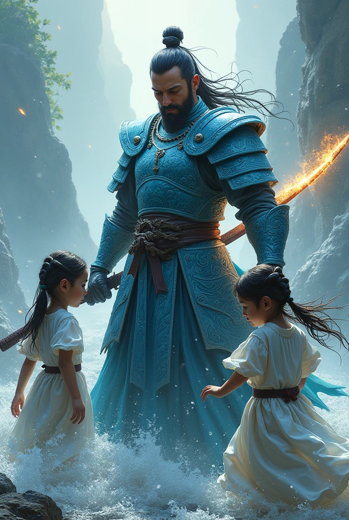 Swordsman in water element armor defending his two daughters with a fire element katana