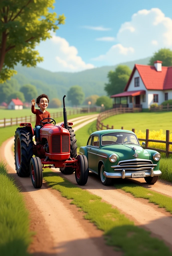 a car and Tractor Tom greeting each other on a dirt road, with a farm in the background.