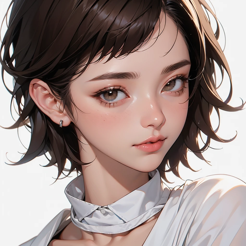(((white background))), best quality, solo, 1 woman,portrate,ninjya,bangs,looking at viewer,short hair,brown hair,pretty woman,masterpiece, intricate details, tonemapping, sharp focus, hyper detailed, trending on Artstation,