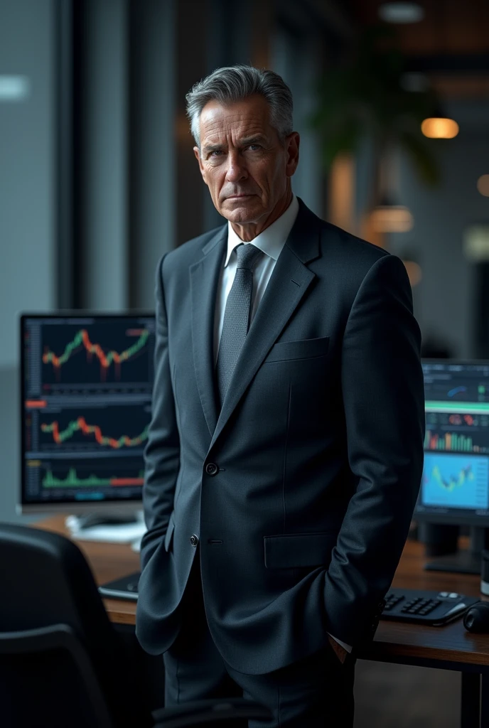 A Men with suit and dollers
Standing in front of computer, with attitude face