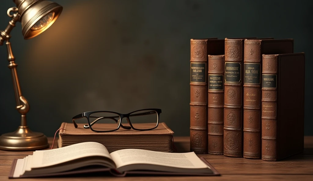 E-commerce shooting，Retro books are neatly arranged on the vintage desktop ，A dark brown booknook is placed among the books.，american retro style，Books on the desk、Glasses、Magnifying glass and other objects