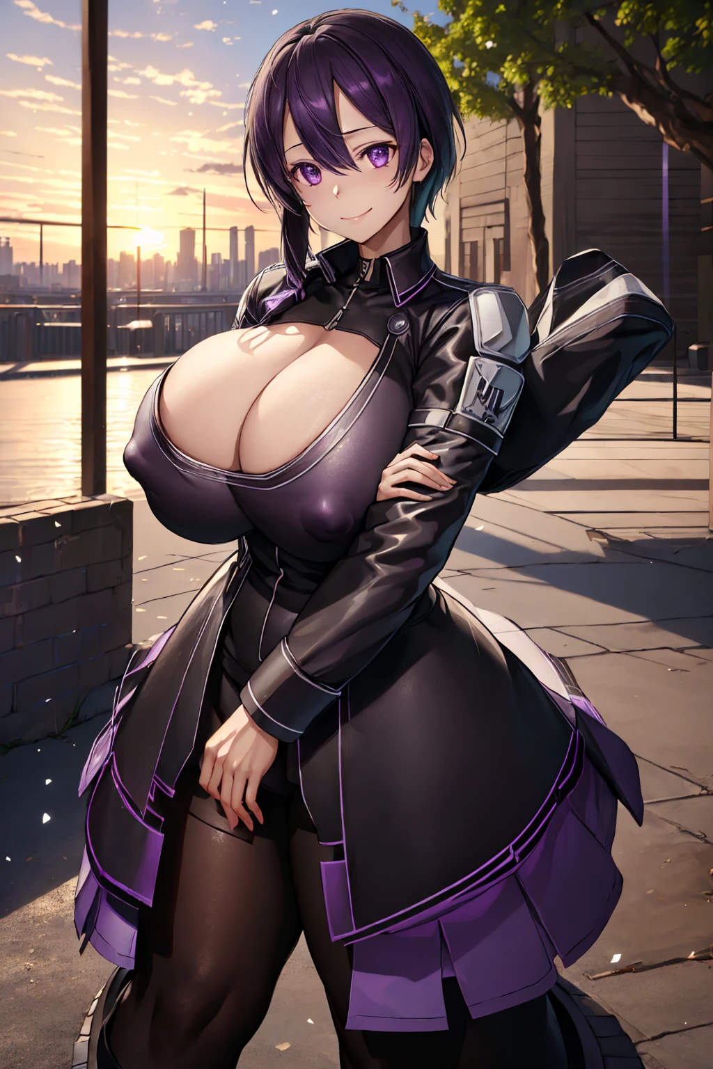 ((High Detail, best quality, 4K, masterpiece, HD:1.3)), ((best quality)), (((HD))), (((8k))), (超DH), (ultra HD) Kirito, Black Swordsman Clothing Overthrow Jacket Black Shirt, blush, Super big breasts breast enlargement Standing alone in the sci-fi city, full-body shot purple eyes looking at the camera and smiling full-body shot illustration, ultra-detailed, HDR, vibrant colors, soft lighting