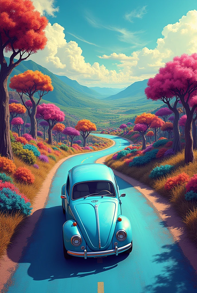 (illustration) 2D, The psychedelic illustration is captured from a high vantage point, showcasing a beautiful vertical landscape with vibrant and intense colors. The road that winds up the fantasy forest with big colorfull trees and then gracefully disappears into the horizon, cutting through wide open fields. The sky above is a captivating mix of strong blue, orange, red, pink, and white, with wispy clouds that gently float across the scenery. On the road's surface, there's barely any sign of movement, adding to the serene and natural beauty of the landscape. The light blue classic VW Beetle stands in front view out against the quietness of the surroundings, creating a focal point in the scene. Its contours and details are clearly drawn, emphasizing its modern and comfortable design. The background is a mix of green, red, orange and purple hills, with blue and psychedelic tones, creating a fantasy atmosphere. The road's surface has a light blue texture, adding to the overall aesthetic quality of the image.