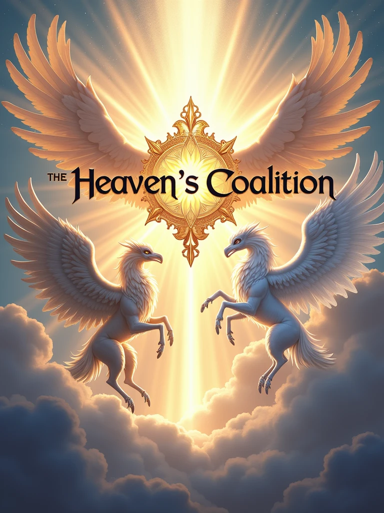 A holy and divine themed image banner in landscape for war alliance called Heaven's Coalition , featuring mythical creatures and the letters Heaven's Coalition