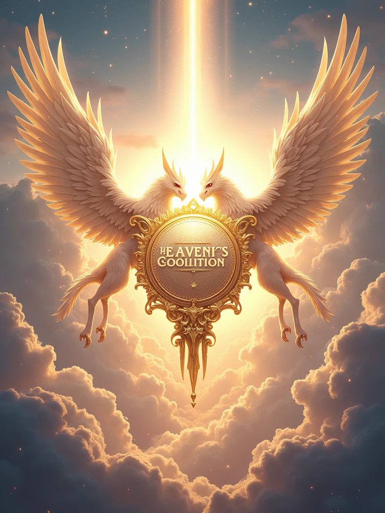 A holy and divine themed image banner in landscape for war alliance called Heaven's Coalition , featuring mythical creatures and the letters Heaven's Coalition