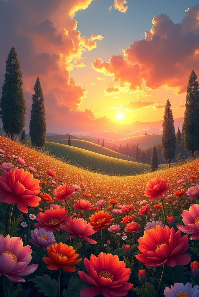 There are huge flowers, Flower field hill, Big Trees, dramatic sunrise light, impressionist painting, Colorful clouds, digital painting, Pointillism, art station, 8k
