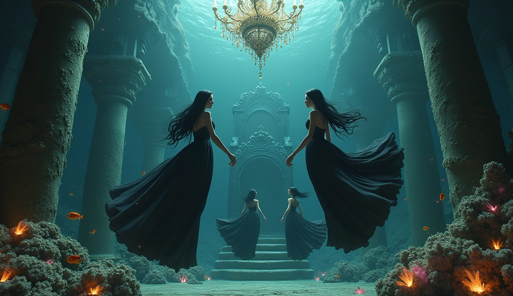 "A full-body shot of a (extra wide angle 1:1) in a dark low light deep sea medeval ballroom in an old gothic palace that has gone under the sea. Super-big ballroom. 2 queen twin sisters and their 5 girlfriends swimming arround in the sea. Swimming horizontally, vertically. The queens have a big light-colored eyes, black super-long long hair. Their girl-friends have a long hair. Their wering black dresses. Pink and gold dresses. Dresses in many layered lace and torned and wet ( perfect hands, five fingers on each hand.) Small breasts cleavage, (hyper realistic perfect eyes 1:1). White perfect skin. Queens surrounded by Perished under-water palace 1:1 Wearing a layered black, white and gold ballroom dresses with lace and shiffon. On the bottom of the sea are golden crowns, adorned with pink crystals 1:1. Bright colourd fishes swimming arround. Cancers. Corals. seamoss. Octopus. The scene a beautiful empresses swimming ghoasts, their long hair flowing all around. Sad. (Best Quality Detailed faces)1:1. A medieval fairytale vibe, with a big black intricate throne in a corner with seamoss on it, a broken medeval chandelier with few broken candles hanging from the ceiling. In a fantastic scene that uses 3D Surreal 3D model. Crystal wine glasses—one tipped over and broken on the bottom. The entire setup is Best Quality, masterpiece 1:1, capturing the essence of a beautiful and happy girls, fantastical gothic setting, Dark deep sea Low lighting under neath, framed with the grandeur of medieval gothic style. (8K).