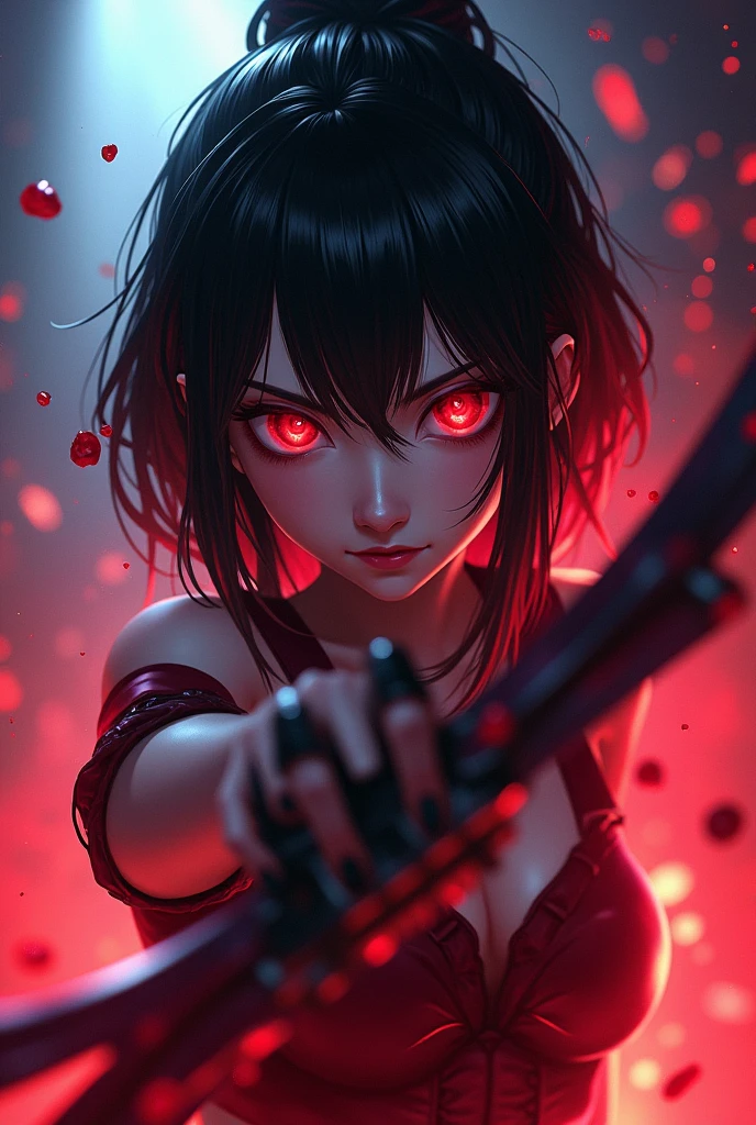 1 girl, black hair, red eyes, shooter, blood, light particles, rays of light, wallpaper, high contrast, colorful,