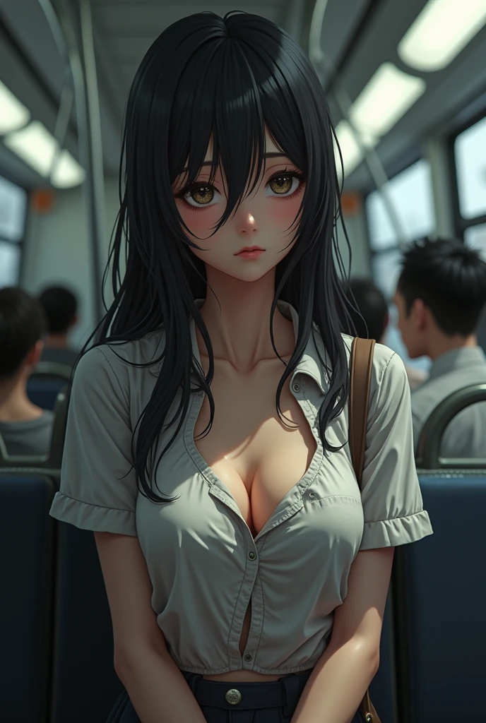 (photorealism:1.2), Japanese  student tired and disheveled on public transport mostrando un seno