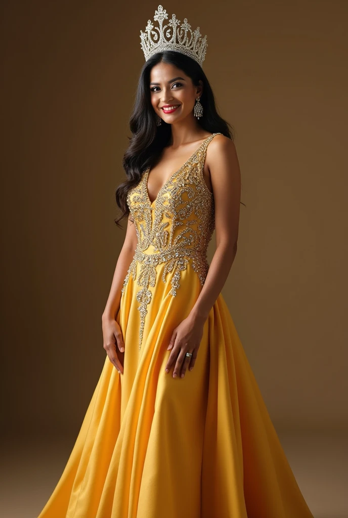 Create a full body shoot of Miss Grand Indonesia with her crown in gold gown