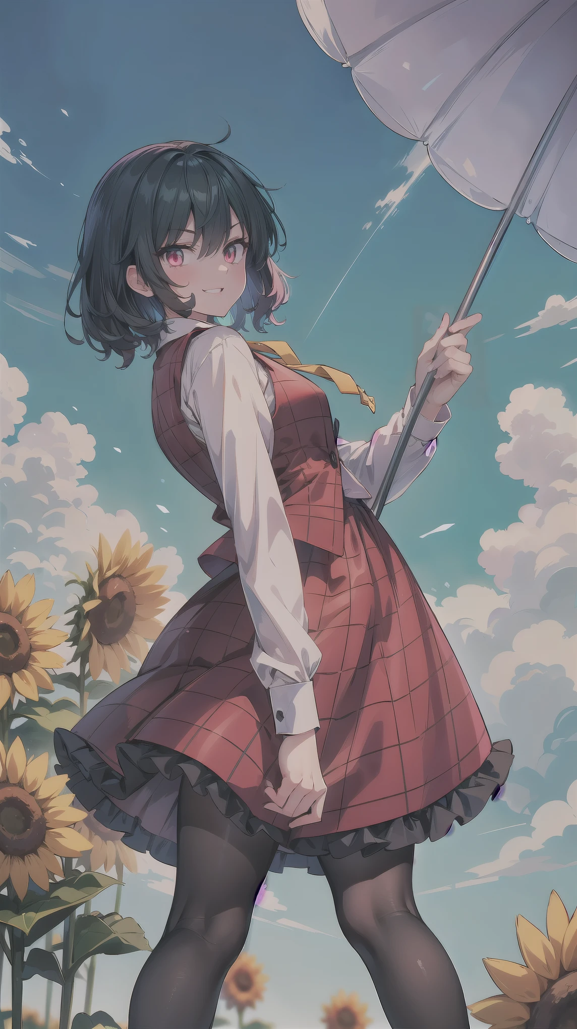 ((super high quality,Ultra-high resolution,16K,super masterpiece,Ultra HD ,Detailed shading,))One Woman,Wavy emerald short hair,White dress shirt,Long sleeve,Yellow tie,Checkered red vest,Checkered red very long skirt,Black tights,Ruby eyes,Very aggressive look,Sharp Eyes,Smiling lips,Holding a frilly pink parasol,a blue sky with clouds and sun,Sunflower field,