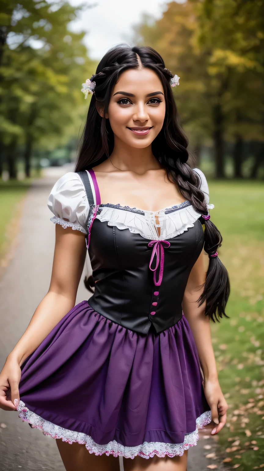 Realistic full body photo of a smiling black-haired woman with long hair, braids, She dances in front of the camera in a short purple dirndl, Fine fabrics, Park,glamour fotoshooting, Wedding celebration, perfect anatomy, perfect brown eyes. Perfect hands with 5 fingers on each hand, Matching girl, look into the camera, 1 Frau. (Eye make up:1.1), (highly detailed skin:1.1), spirit, analog style, keen focus, 8K  UHD, dslr, good quality, Fujifilm XT3, Grain, Award-winning, ​masterpiece. 