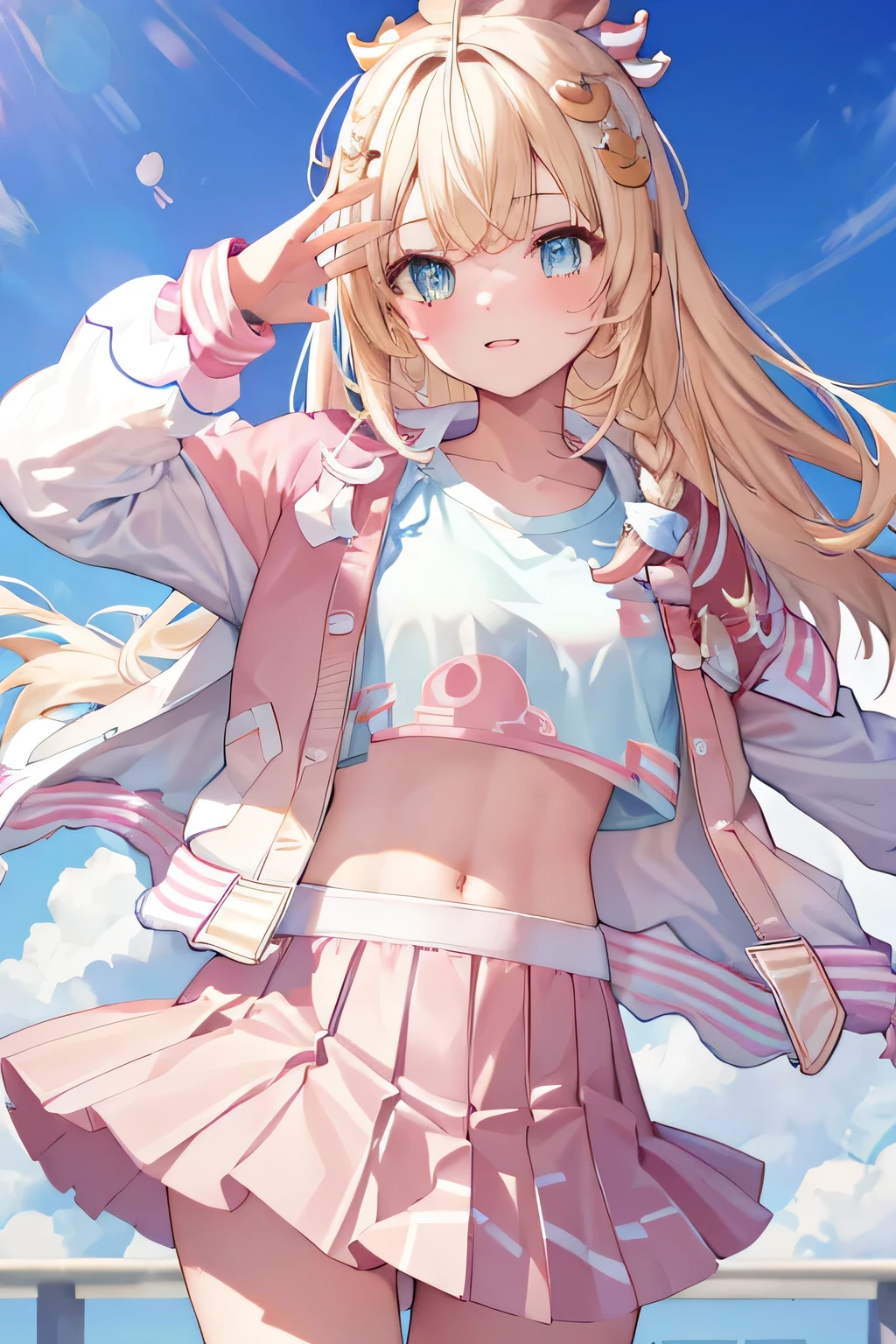 pink letterman jacket, pink long skirt, full body, high quality, run way, White background,