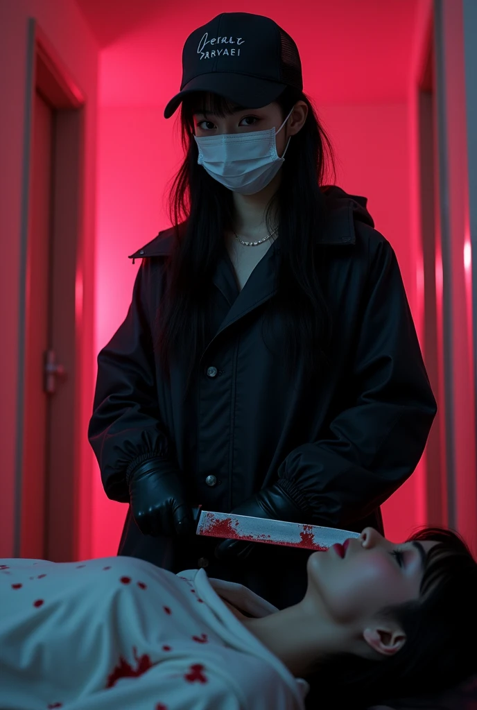 korean girl, (behind stiff, holding knife), stabbing, surgical mask, black gloves, black raincoat, trucker hat, bloody knife, black gloves, woman on top, behind cadaver, blood splatter, on the bed, looking at viewer, long bangs, mass murderer, killer, blood splatter, dark atmosphere, cinematic lighting, atmospheric realistic, [pink room:0.5]
