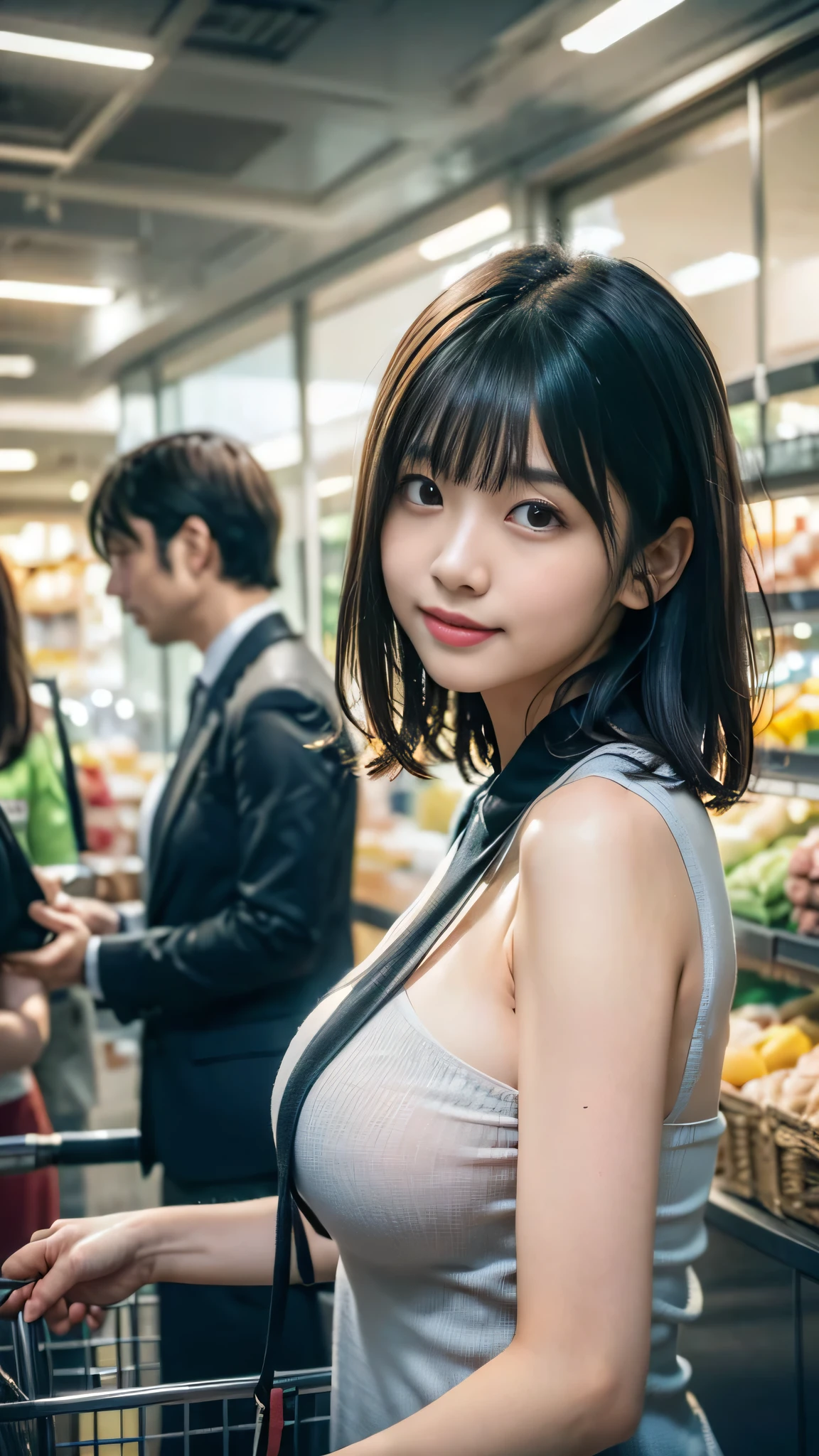 (supermarket:1), afternoon, Doctor Dressing, Black fringe short hair, Light brown eyes, One Japanese woman, Innocent, (Realistic), (Intricate details:1.2),(masterpiece, :1.3),(Highest quality:1.4), (超High resolution:1.2), 超High resolution, (Detailed eyes), (Detailed facial features), High resolution, 8k resolution, (Lens flare:0.7), turn around, Busy inspecting reports, People who look at faces