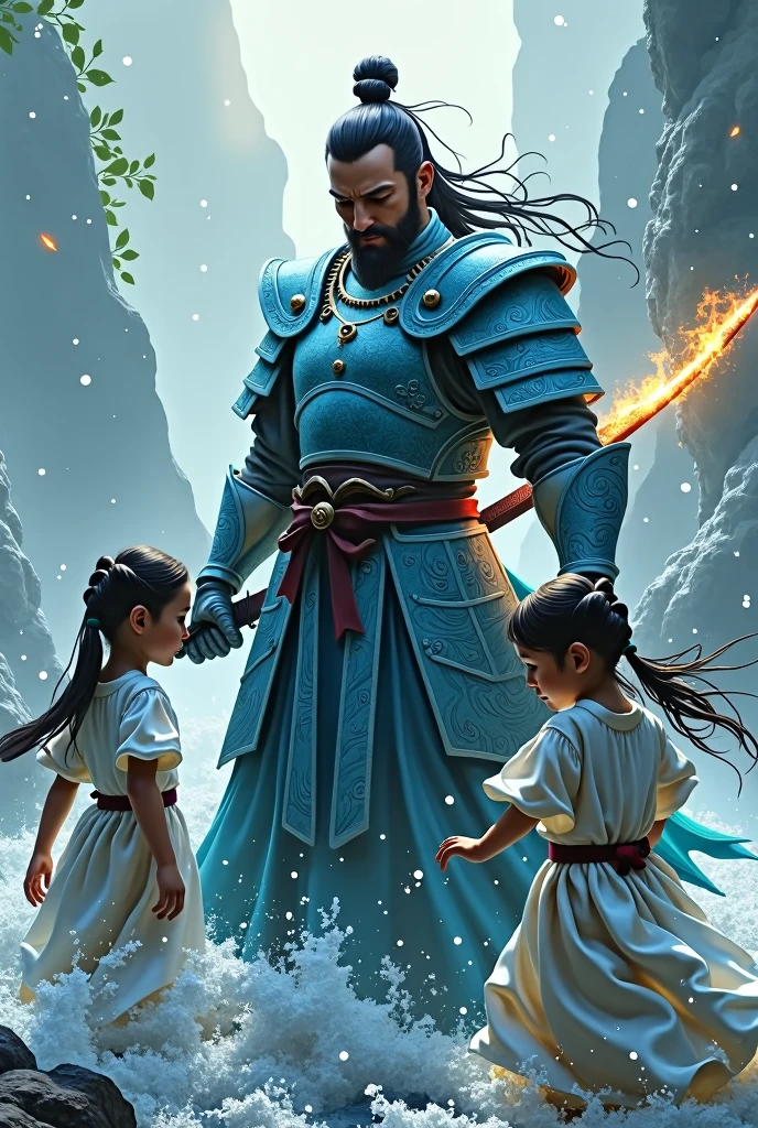 Swordsman in water element armor defending his two daughters with a fire element katana
