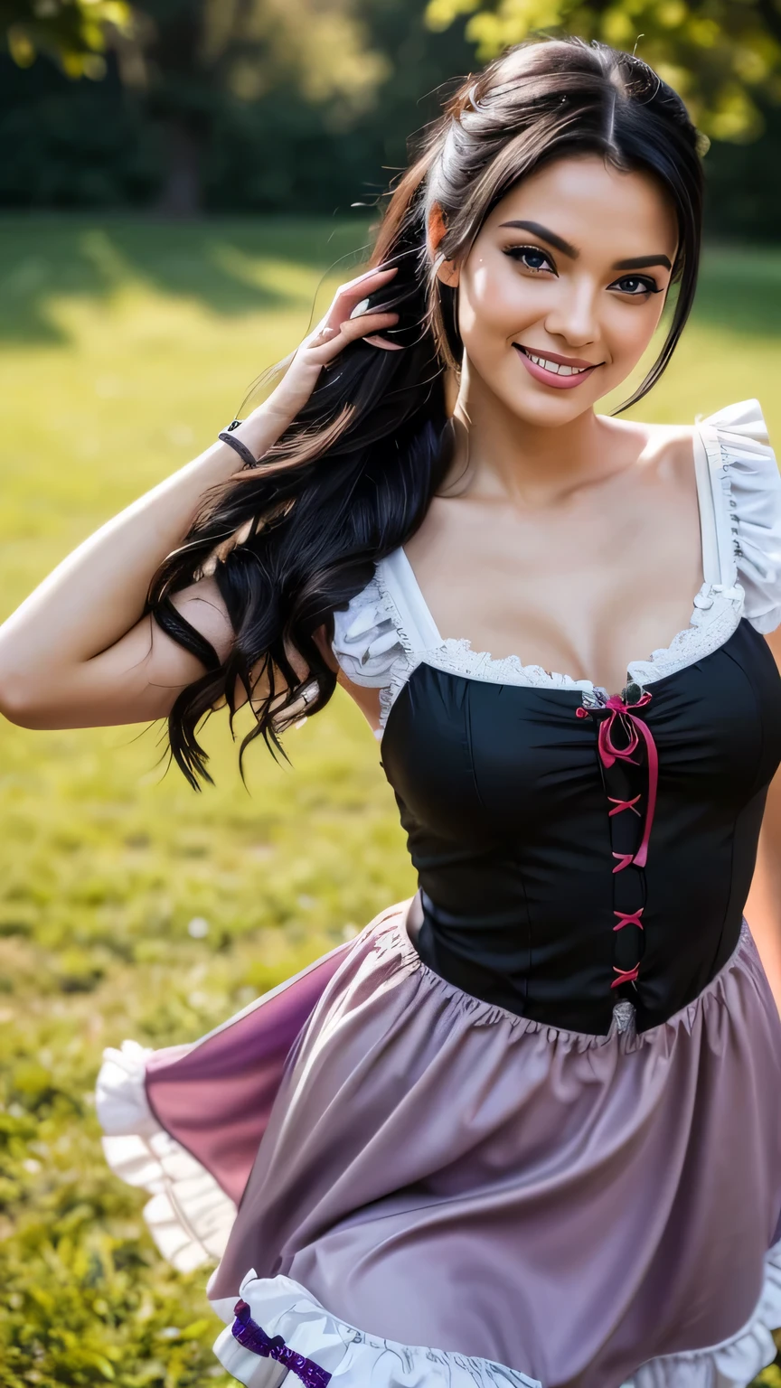Realistic full body photo of a smiling black-haired woman with long hair, She dances in front of the camera in a short green dirndl, Fine fabrics, Park,glamour fotoshooting, Wedding celebration, perfect anatomy, perfect brown eyes. Perfect hands with 5 fingers on each hand, Matching girl, look into the camera, 1 Frau. (Eye make up:1.1), (highly detailed skin:1.1), spirit, analog style, keen focus, 8K  UHD, dslr, good quality, Fujifilm XT3, Grain, Award-winning, ​masterpiece. Wedding celebration