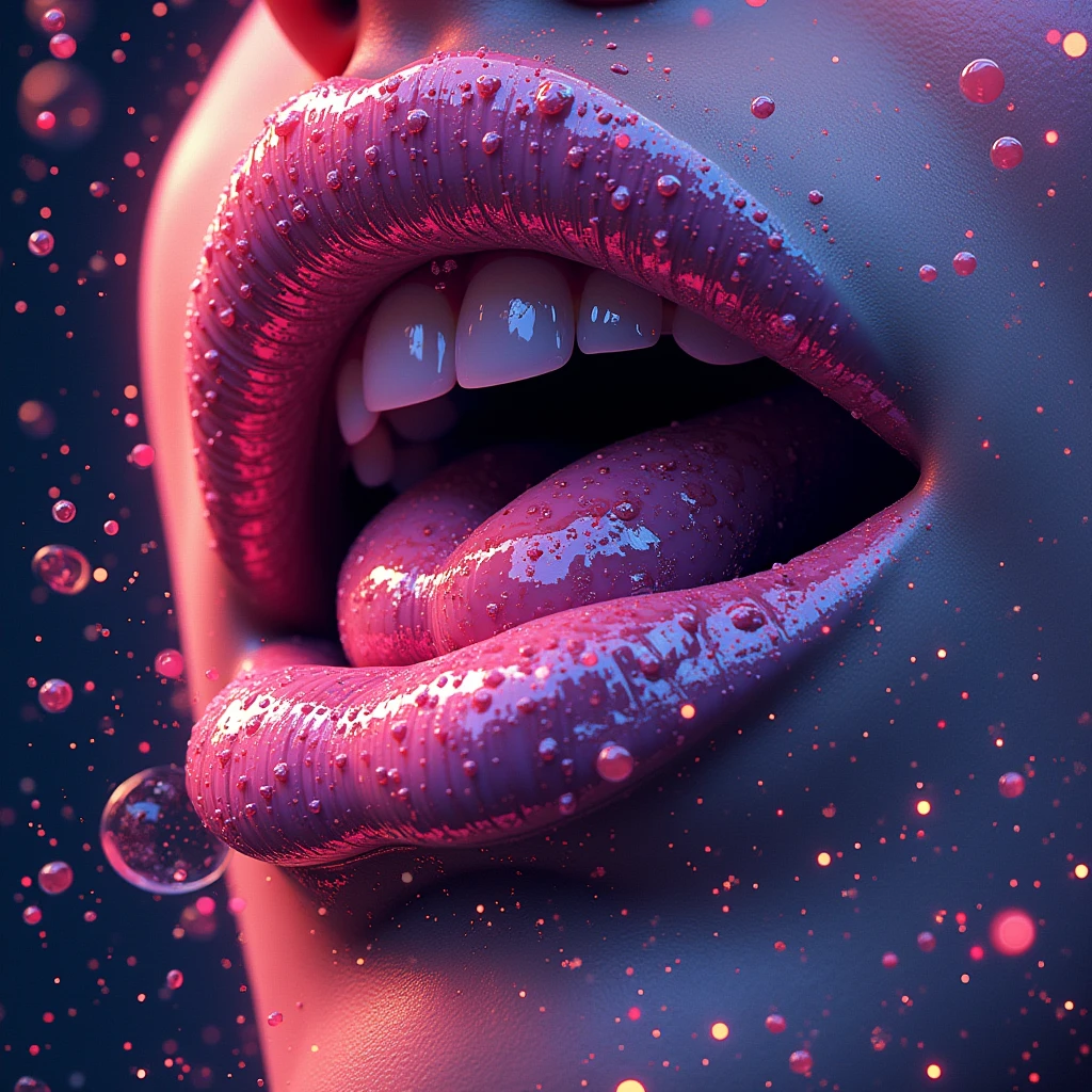 a close up of a person's mouth with a tongue sticking out, psychedelic surreal art, lsd visuals, surreal psychedelic design, tongue, thick lips, her iridescent membranes, glowing mouth, surreal colors, parted lips, hypersurreal, pursed lips, neosurrealism. digital art, surreal digital art, sexy lips, 3 d neon art of a womens body