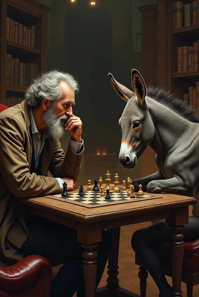 A genius and donkey playing chess,