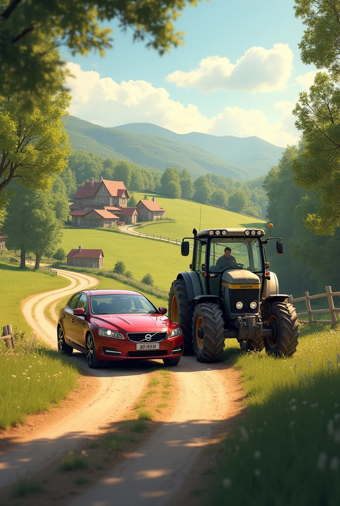 a car and tractor greeting each other on a dirt road, with a farm in the background.