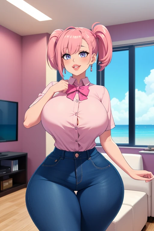 pink hairstyle, blue eyes, huge lips, short hair, double ponytails hairstyle, big lips, medium breasts, hourglass figure, (narrow waist), trust, superiority, bad gal, thick thighs, tight shirt, standing, house indoor, bow tie, earrings, trade, pink theme, random color shirt, diaphragm, jeans pants, smile, half plane, living room, window with sea view, from the front, big ass, front, thick, Big hips, very narrow waist, big breasts, neckline, laughing, open mouth, laughing, lol, big lips