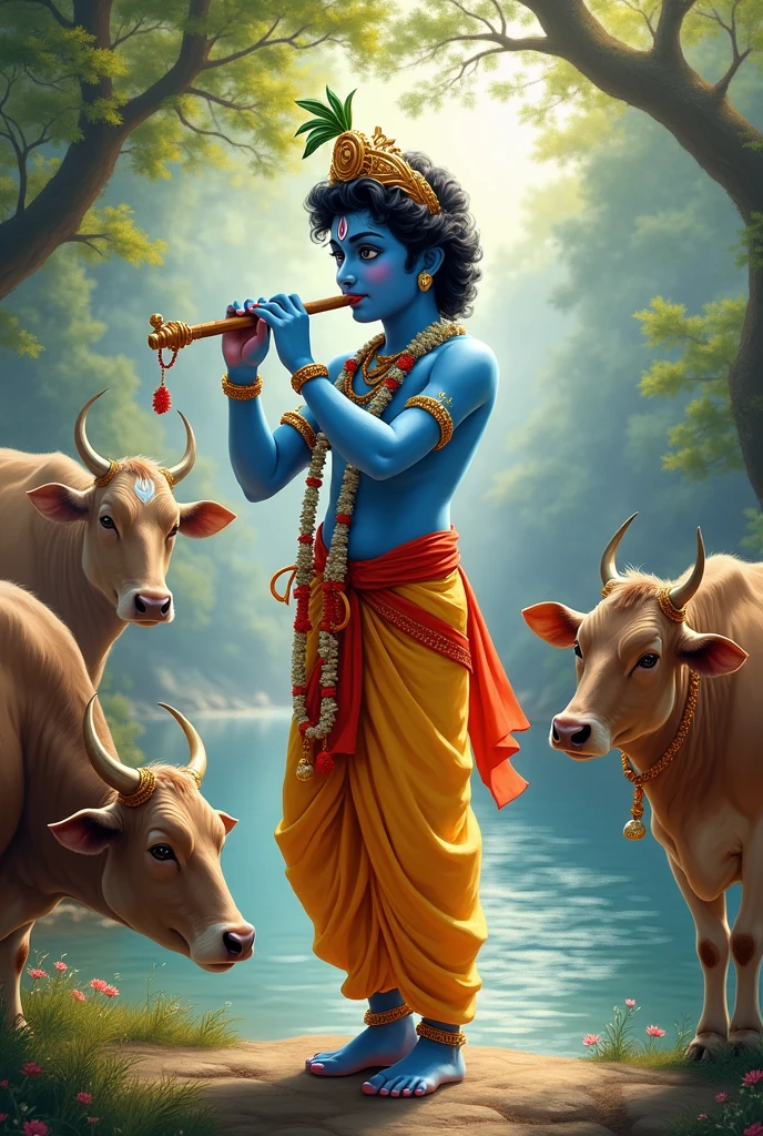 God Krishna playing flute around beautiful cows near a river