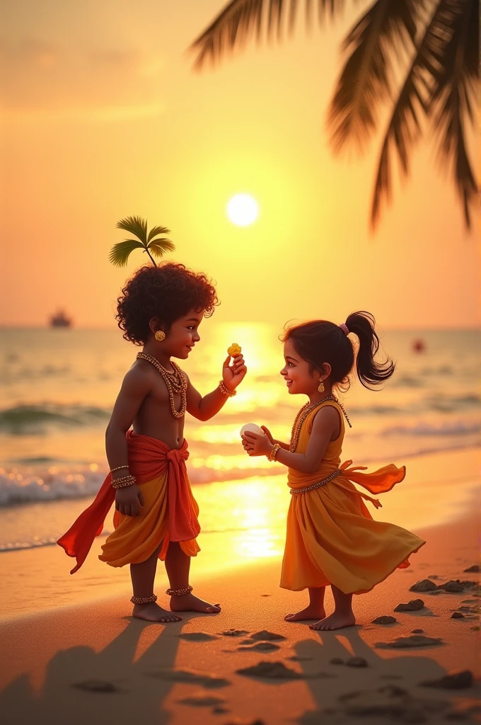 Sunrise at dwarka beach with lord krishna and matuki with makhan