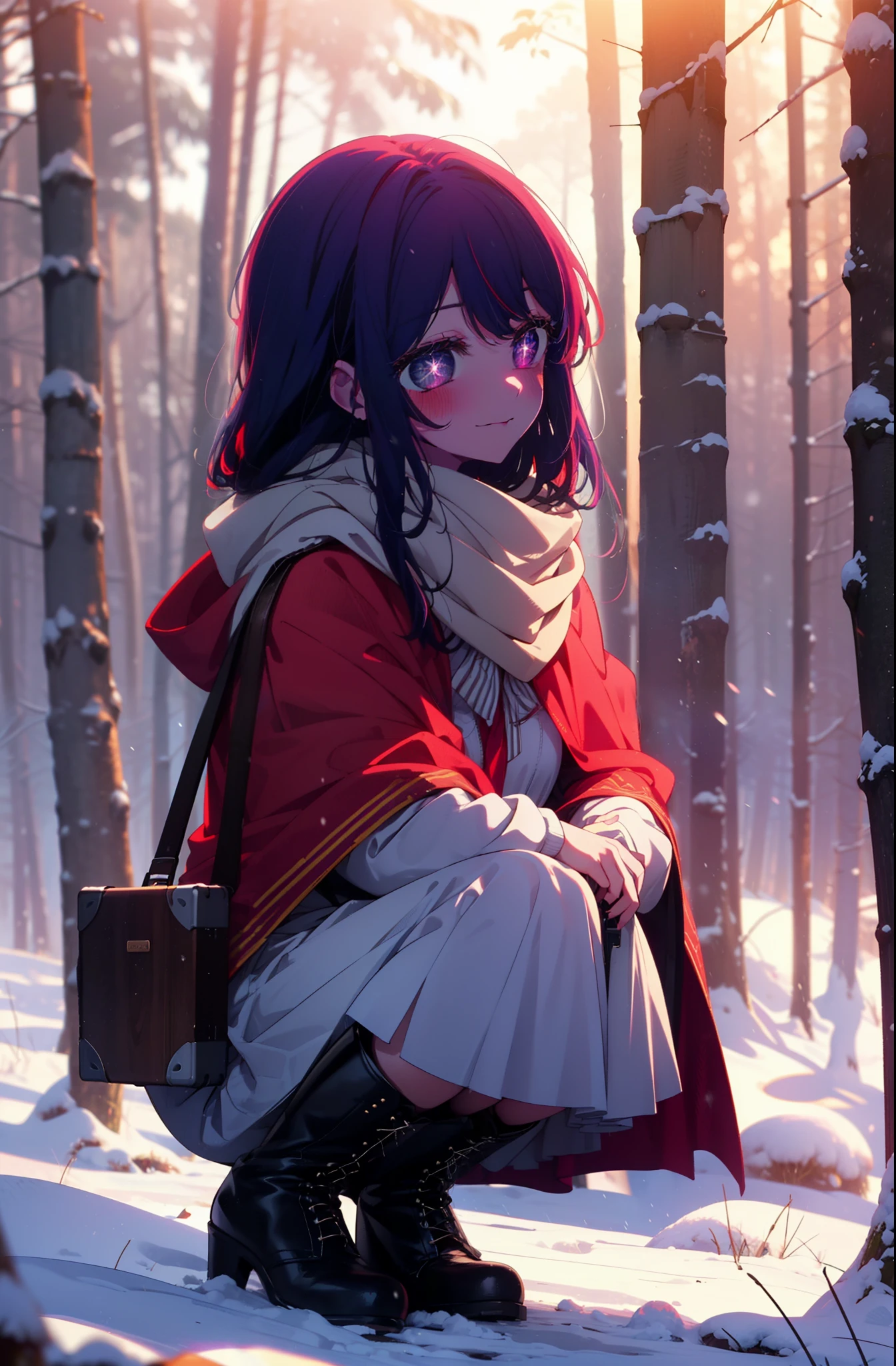 aihoshino, Ai Hoshino, Long Hair, bangs, (Purple eyes:1.1), Purple Hair, (Symbol-shaped pupil:1.5), smile,,smile,blush,white breath,
Open your mouth,snow,Ground bonfire, Outdoor, boots, snowing, From the side, wood, suitcase, Cape, Blurred, , forest, White handbag, nature, Squat, Mouth closed, Cape, winter, Written boundary depth, Black shoes, red Cape break looking at viewer, Upper Body, whole body, break Outdoor, forest, nature, break (masterpiece:1.2), Highest quality, High resolution, unity 8k wallpaper, (shape:0.8), (Beautiful and beautiful eyes:1.6), Highly detailed face, Perfect lighting, Extremely detailed CG, (Perfect hands, Perfect Anatomy),