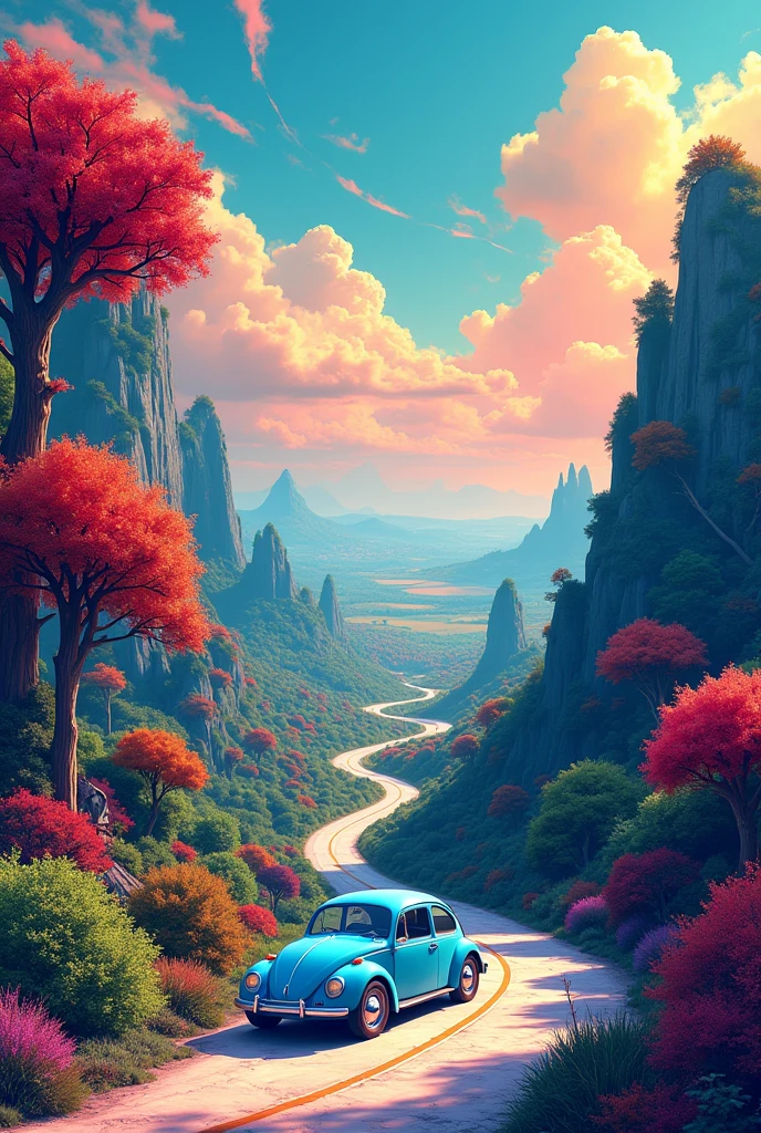 (illustration) 2D, The psychedelic illustration is captured from a high vantage point, showcasing a beautiful vertical landscape with vibrant and intense colors. The road that winds up the fantasy forest with big colorfull trees and then gracefully disappears into the horizon, cutting through wide open fields. The psychedelic sky above is a captivating mix of strong blue, orange, red, pink, and white, with wispy clouds that gently float across the scenery. On the road's surface, there's barely any sign of movement, adding to the serene and natural beauty of the landscape. The light blue classic VW Beetle stands in front view out against the quietness of the surroundings, creating a focal point in the scene. Its contours and details are clearly drawn, emphasizing its modern and comfortable design. The background is a mix of green, red, orange and purple hills, with blue and psychedelic tones, creating a fantasy atmosphere. The road's surface has a light blue texture, adding to the overall aesthetic quality of the image.