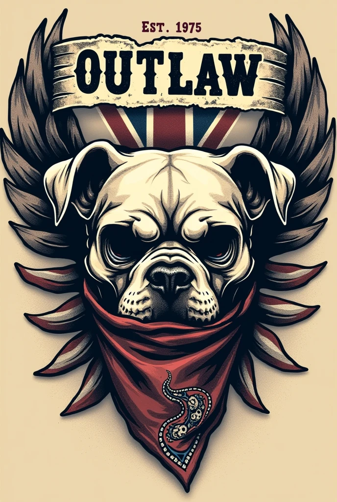 "Design an intricate tattoocore t-shirt logo with a bold, vintage, and rugged look. At the centre, place a detailed skull, of an angry British bulldog The skull's jawline is obscured by a tattered bandana, adorned with a small, intricate paisley pattern, giving it a rebellious, outlaw aesthetic.
Behind the skull, are evil angel wings. ntricately framed in a distressed vintage style british flag starburst frame
Above the skull, add a slightly curved, weathered banner with frayed edges that reads 'OUTLAWin bold, capital letters, distressed to appear worn and rugged. Below the skull, mirror this with another banner, slightly curved upward, displaying the word 'est. 1975' in the same style.
The overall composition should have a grunge texture, with cracked lines, faded areas, and uneven inking to convey a sense of age and wear. The design should feel like a classic biker emblem, with a hand-drawn, vintage tattoo art style, and subtle shadowing to add depth, making it stand out with a timeless, rebellious attitude."