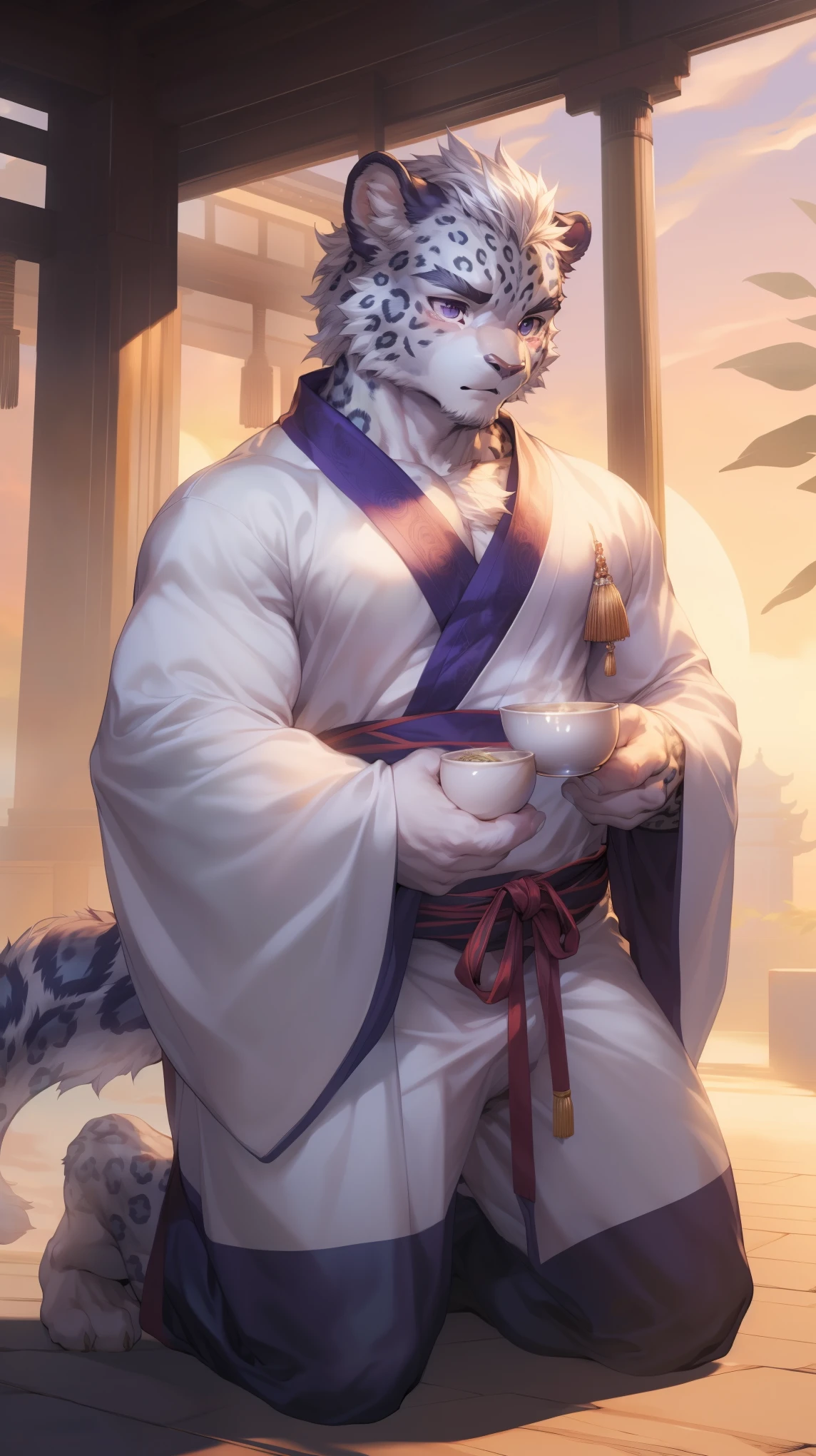 (By Empty Ghost, From thebigslick, By Dark Gem, Will chase), Keyuan Building (Onmyoji Daisenji Temple), High quality photos, Perfect anatomical structure, Anthropomorphic snow leopard, male, 20 years old, (snow leopard print), Thick eyebrows, short hair, Strong body, Pectoralis major, grayish purple spots, Gray purple kimono, Lotus pattern embellishment, Small bump, Pink milk clusters, Kneeling on the wooden floor of the courtyard, Drink tea, Sad expression, Tears, blush, Purple pupils, Look up at the audience, Clear facial features, Strong, solitary, Bottom view, Full body portrait, Sunset, Foggy atmosphere, In the classical garden, refreshment, White pebbles can be seen everywhere, wild plants, (By Empty Ghost, From snow leopard20, masterpiece, high quality, high resolution, 8k)