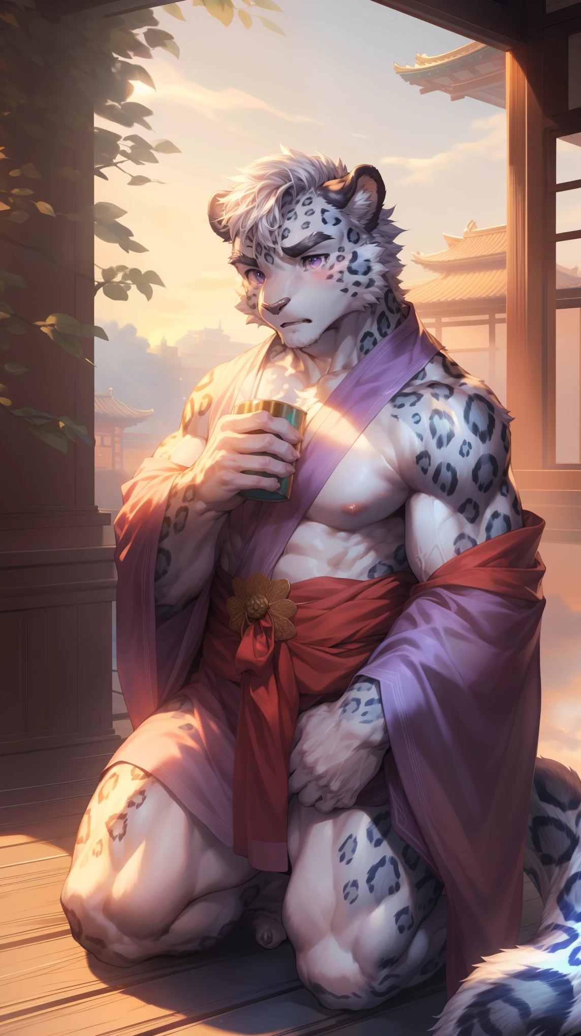 (By Empty Ghost, From thebigslick, By Dark Gem, Will chase), Keyuan Building (Onmyoji Daisenji Temple), High quality photos, Perfect anatomical structure, Anthropomorphic snow leopard, male, 20 years old, (snow leopard print), Thick eyebrows, short hair, Strong body, Pectoralis major, grayish purple spots, Gray purple kimono, Lotus pattern embellishment, Small bump, Pink milk clusters, Kneeling on the wooden floor of the courtyard, Drink tea, Sad expression, Tears, blush, Purple pupils, Look up at the audience, Clear facial features, Strong, solitary, Bottom view, Full body portrait, Sunset, Foggy atmosphere, In the classical garden, refreshment, White pebbles can be seen everywhere, wild plants, (By Empty Ghost, From snow leopard20, masterpiece, high quality, high resolution, 8k)