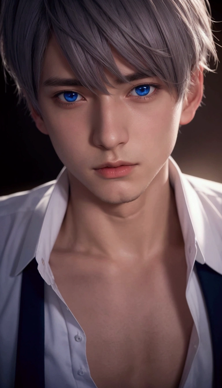 There is a young man wearing a tie and shirt..,  With a very detailed face, , male anime character, Cinematic close-up bust, silver hair, Blue eyes,realistic