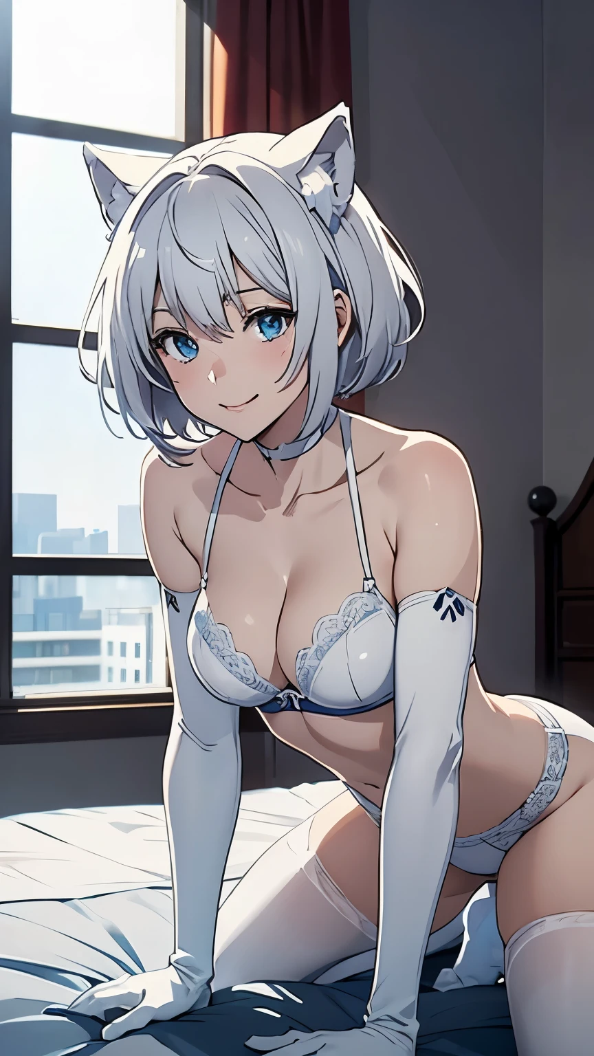 Tabletop High resolution Best image quality 8k Adult female Anime Style White long gloves(Elbow Gloves) White Lingerie(sexy) White pantyhose White wolf ears short hair((Shortcuts)(Gray Hair)(Perm)(fluffy)) blue eyes smile((Open your mouth)) Bedroom pumps View from below
