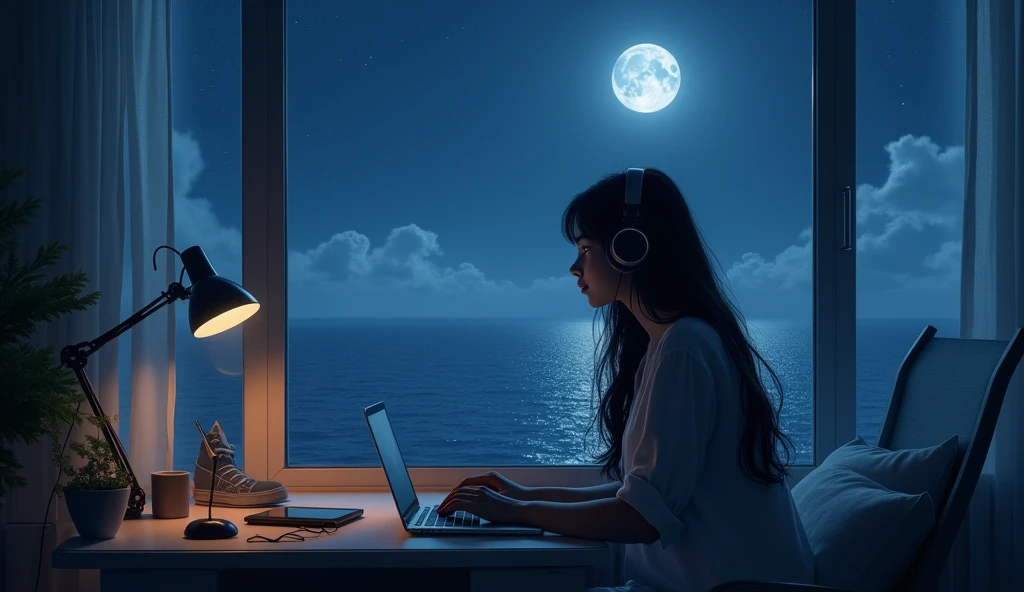 Create realistic image of a beautiful girl listening to music in her office next to her bedroom window during the night when there is moon and sea
