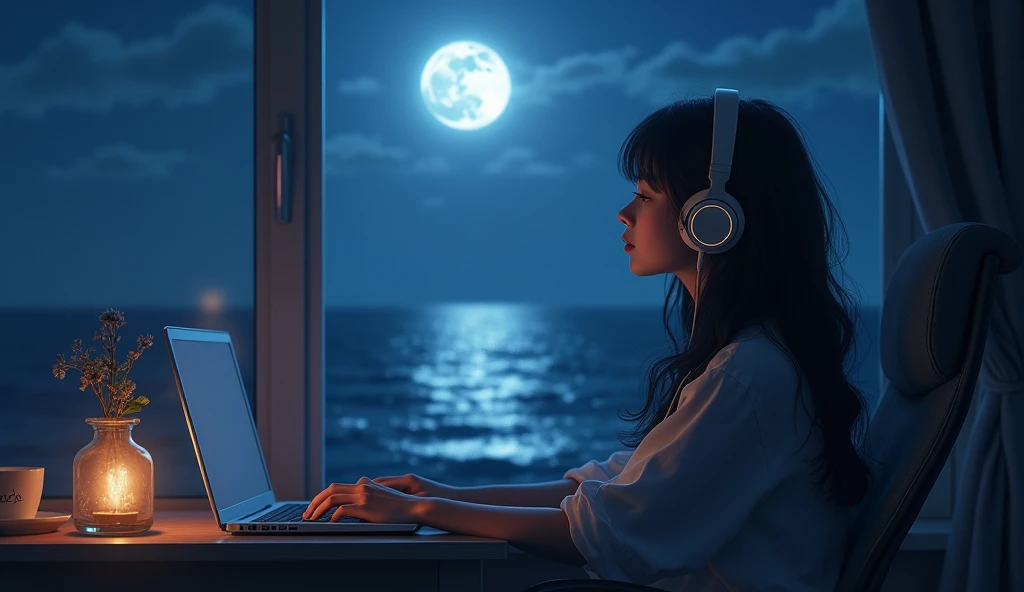 Create realistic image of a beautiful girl listening to music in her office next to her bedroom window during the night when there is moon and sea