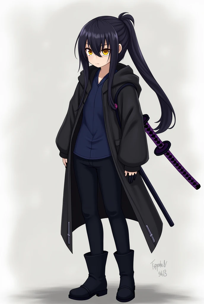 An anime-style character with long, short hair covering the left side of his eye a little and with a slightly long ponytail., with big yellow eyes, with black cold weather blouse with dark blue shirt, black pants and black men&#39;s boots, with black gloves, and with a purple sheathed Katana on his back.