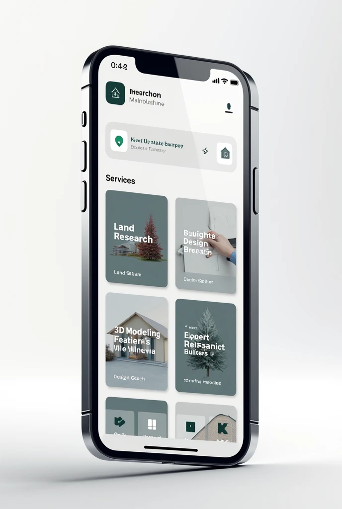 Make an iPhone  which show our apps home screen showing search bar , below it showing features like land research, design consultation,3D modeling, expert real estate broker, architect, builder interior designer . Make it aesthetic in white , grey and Balck color theme . Make it aesthetic . Make it same just with eng fonts