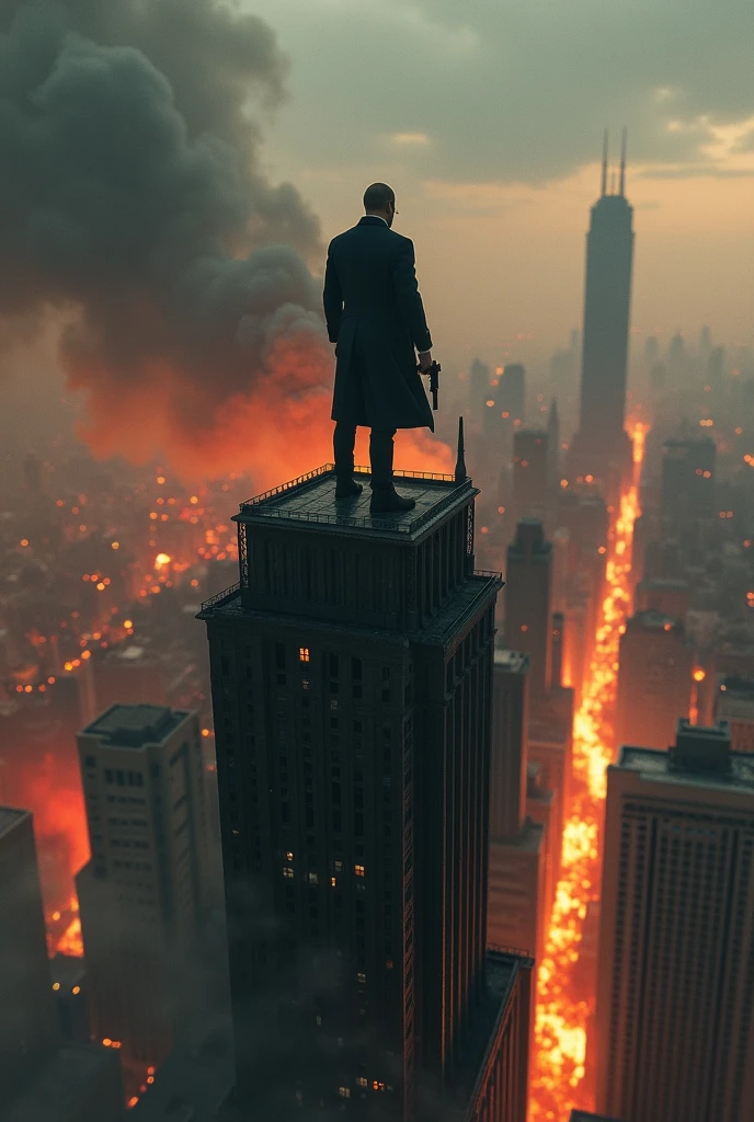A person Standing on a building holding a gun watching whole city burning